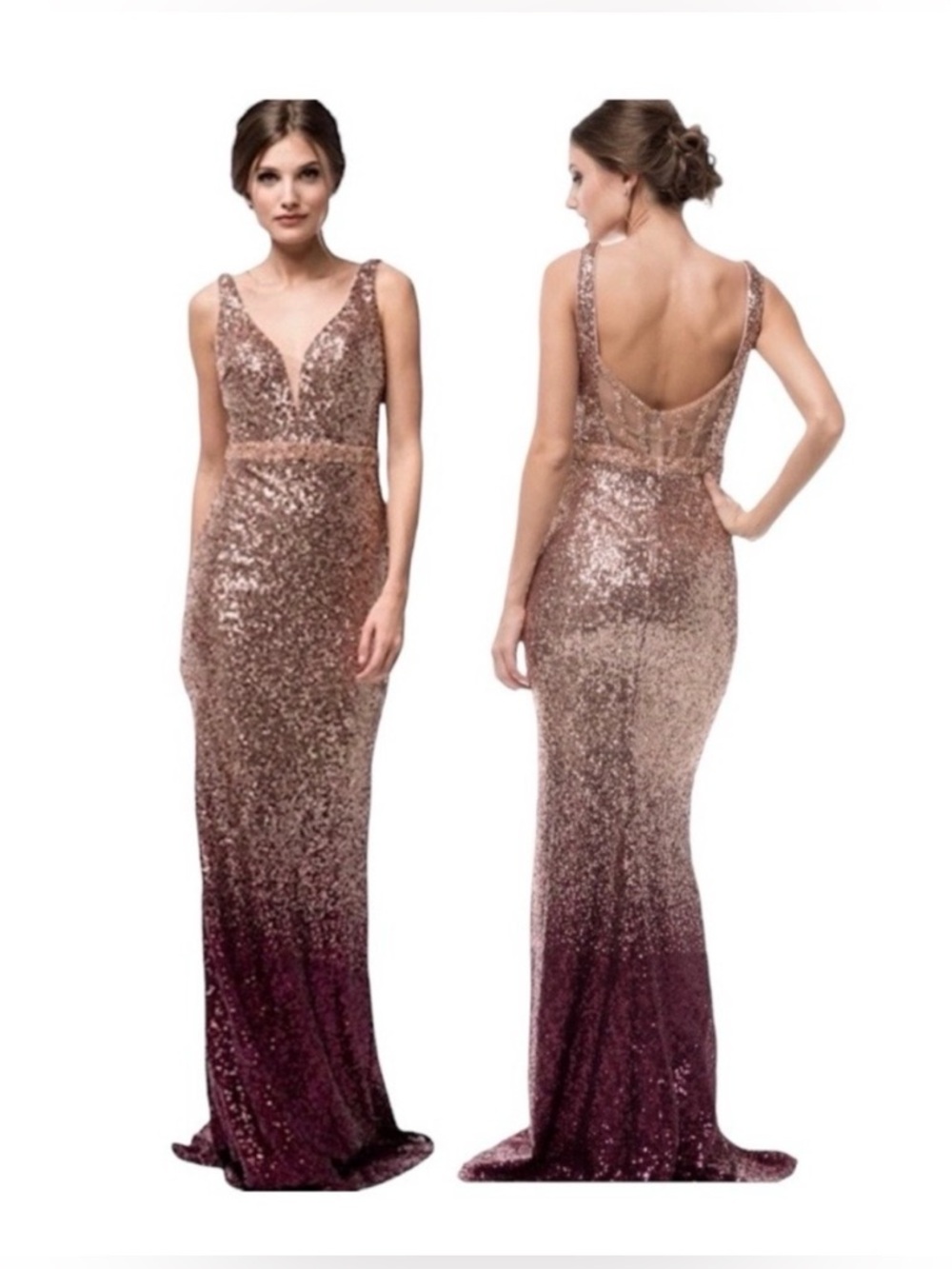 Bicici & Coty Ombre Rose Gold Pink Sequin Beaded Mesh Embellished Formal Dress